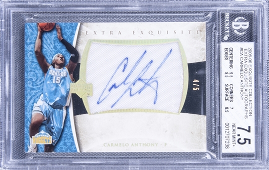 2005-06 UD "Exquisite Collection" Extra Exquisite Autographs #CA Carmelo Anthony Signed Game Used Patch Card (#4/5) - BGS NM+ 7.5/BGS 10 